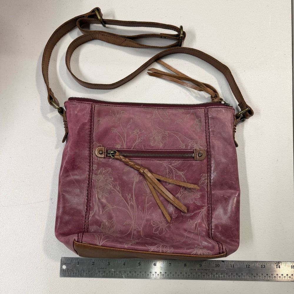 Etched Floral Leather Crossbody Bag Plum Purple Brown Trim Boho Shoulder Bag